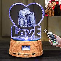 Personalized Laser Custom Photo Heart Shaped Crystal Bluetooth Speaker LED Night Light, Glass Paperweight
