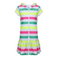 DAYU Girls Terry Ruffle Hem Swim Cover Ups Hooded Zip Front Short Sleeve Swimsuit Coverups, Stripes, 6-6X