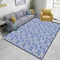 Bigdatastore Dutch Novelty Girls Bedroom Rug, Delft Style Flowers in Doodle Style Abstract Petals Leaves Butterflies, Fashionable High Class Living Bedroom Rugs(2.5'x 9')