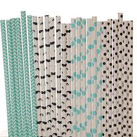 Mustache Paper Straw Mix, Little Man - Aqua Blue, Black, White - Polka Dot, Chevron, Mustache (50)