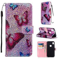 Cfrau Sequins Wallet Case for Motorola Moto E6,Fashion 3D Bling Glitters Pink Butterfly Print Magnetic PU Leather Flip Folio Stand Soft TPU Strap Case with Black Stylus