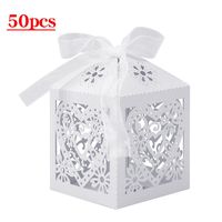 Lucky Monet 25/50/100PCS Love Heart Laser Cut Wedding Candy Gift Box Chocolate Box for Wedding Favor Birthday Party Bridal Shower with Ribbon (50pcs, White)