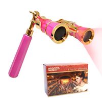 HQRP Opera Glasses s w/Crystal Clear Optic (CCO) 3 x 25 with Built-in Foldable Handle and Red Reading Light (Pink with Gold)