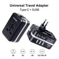 Travel Adapter, Jabees International Plug Power Wall Charger, 100-240V Type-C + 3 USB Ports AC, Worldwide All in One Universal Design for US, UK, EU, AU & Asia