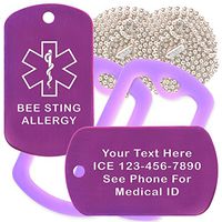 Custom 2 Pack - Bee Sting Allergy Medical Alert ID Necklaces with Purple Custom Tags, Purple Silencers, and 30'' USA Chains