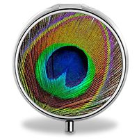 Compact 3 Compartment Medicine Case, IMLONE Customized Peacock Feather Pill Organizer Metal Pill Box Pill Container for Purse, Travelling and Daily Needs