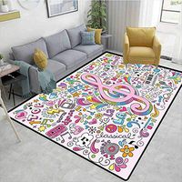 70s Party Decorations Floral Area Rug Soft, Music Clef Groovy Psychedelic Doodles Hand Drawn Hippie Symbols Signs, Durable Rugs - Living, Dinning, Office, Rooms & Bedrrom, Hallway Carpet(6'x 9')