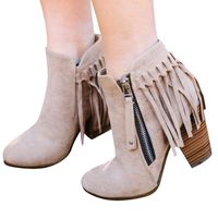 Dainzuy Women's Tassel Bootie Sueded Fringe Western Chunky Stacked High Heel Bootie Side ZipThick Short Boots Khaki