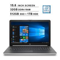 HP 2019 Newest 15.6 Inch HD Laptop (Intel Quad Core i7-8550U up to 4.0 GHz, 32GB RAM, 512GB SSD + 1TB HDD, Intel HD Graphics 620, WiFi, Bluetooth, DVD, HDMI, Windows 10 (Silver)
