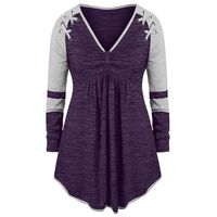 RUIVE Women's Plus Size Pullover V-Neck Patchwork Pleated Sweatshirt Grommet Ribbons Color Casual Tops Blouse Purple