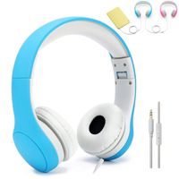 [Volume Limited] KPTEC Kids Safety Foldable On-Ear Headphones with Mic, Volume Controlled at Max 93dB to Prevent Noise-induced Hearing Loss (NIHL), Passive Noise Reduction, Wired Earbuds,Blue