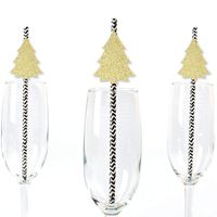 Big Dot of Happiness Gold Glitter Christmas Tree Party Straws - No-Mess Real Gold Glitter Cut-Outs and Decorative Holiday Party Paper Straws - Set of 24