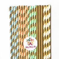 Free DHL Shipping 1000 pcs Gold Foil Paper Straws Bulk, Soild Plain Metallic Gold Stripe, Light Pink Blue Mint Striped Paper Drinking Straws, Wedding Christmas Holiday Party