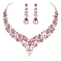 Youfir Bridal Austrian Crystal Necklace and Earrings Jewelry Set Gifts fit with Wedding Dress (Pink)