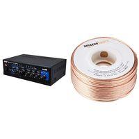 Home Audio Power Amplifier System - 2X120W Mini Dual Channel Mixer Sound Stereo Receiver Box w/ RCA, AUX, Mic Input - Pyle PTA4 & AmazonBasics SW100ft  16-Gauge Speaker Wire - 100 Feet