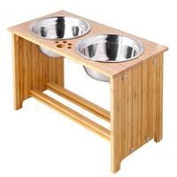 FOREYY Raised Pet Bowls for Cats and Dogs, Bamboo Elevated Dog Cat Food and Water Bowls Stand Feeder with 2 Stainless Steel Bowls and Anti Slip Feet (15'' Tall, 65 oz Bowl)