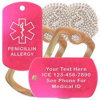 Custom 2 Pack - Penicillin Allergy Medical Alert ID Necklaces with Pink Hot Custom Tags, Camo Desert Silencers, and 30'' USA Chains