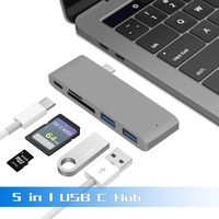 USB C Hub, 5 in 1 Type-C Hub with SD/Micro Card Reader, Power Delivery, 2 USB 3.0 Ports Compatible with 2016/2017 / 2018/2019 MacBook Pro, 2018 MacBook Air, ChromeBook and All USB C Device (Gray)
