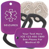 Custom 2 Pack - Seizures Medical Alert ID Necklaces with Purple Custom Tags, Black Silencers, and 30'' USA Chains
