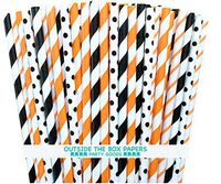 Outside the Box Papers Basketball Themed Striped and Polka Dot Paper Straws 7.75 Inches 100 Pack Orange, Black, White