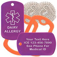 Custom 2 Pack - Dairy Allergy Medical Alert ID Necklaces with Purple Custom Tags, Orange Silencers, and 30'' USA Chains