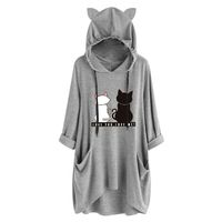 Sunhusing Womens Cute Lazy Lying Cat Printed Solid Color Long Sleeve Sweatshirt Cat Ear Hooded Pocket Tunic Tops(6 Gray,XL)