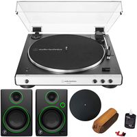 Audio-Technica AT-LP60XBTWH Fully Automatic Bluetooth Belt-Drive Stereo Turntable, White w/Protective Turntable Platter, Vinyl Record Cleaning System & Mackie CR3 3" Multimedia Monitors (Pair)