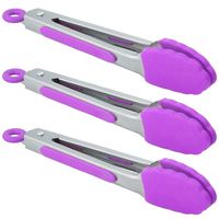 HINMAY Small Kitchen Tongs 7 Inch Mini Silicone Appetizers Tongs, Set of 3 (Purple)