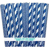 Outside the Box Papers Navy Blue Stripe and Chevron Paper Straws 7.75 Inches 100 Pack Navy Blue, White