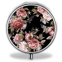 Floral Pill Case, Round Stainless Drug Organizer Container Medicine Cover for Pocket Daily&Weekly