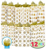 12 Pack Christmas Wine Bottle Bags Gold Foil with Tissue Paper and Name Tags 6 Christmas Print Designs for Winter Holiday Xmas Gift Party Favor Decoration, Liquor Lovers and Drinkers Gift Presents