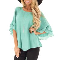 IEasⓄn Women Top, Women's O Neck Solid Color Trumpet Sleeves Half Sleeve T-Shirt Blouse Mint Green