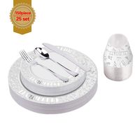 150 Pieces Plates & Plastic Silverware & Silver Rimmed Cups, Celebrate Disposable Dinnerware Set for 25 Guest Include:25 Dinner Plates, 25 Dessert Plates, 25 Tumblers, 25 Forks, 25 Knives, 25 Spoons