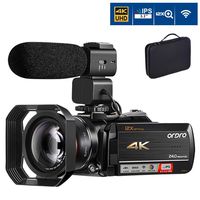 4K Camcorder Video Camera ORDRO 12x Optical Zoom 3.1'' IPS Touch Screen 4K Ultra HD 1080P 60FPS WiFi Digital Camcorders with Microphone and Wide Angle Lens