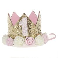 Baby Princess Tiara Crown, Baby Girls/Kids First Birthday Hat Sparkle Gold Flower Style with Artificial Rose Flower (1st Golden Crown)