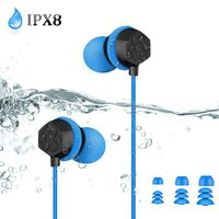 IPX8 Waterproof Headphones, AGPTEK SE14 Wired in-Ear Earbuds, Secure Fit for Swimming, Surfing, Running, Gym Workout, 3.5mm Earphones with Stereo Bass, Extension Cable and Replacement Eartips, Blue