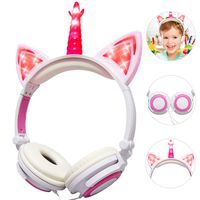 Kids Cat Headphones for Girls Toddler Light up Over Ear Earphone Wired Adjustable Tablet Back to School Supplies Headband Foldable Game Headset Toddlers Travel Birthday Gifts
