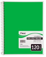 Mead Spiral Notebook, 3 Subject, College Ruled, Green (72227)