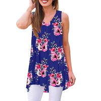 Shusuen Women's Summer Sleeveless V-Neck T-Shirt Tunic Tops Blouse Floral Print Tee Shirts Navy