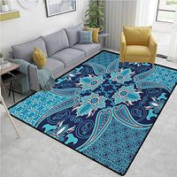 YucouHome Navy Blue Geometric Door Mats Area Rug, Floral Paisley Design Bohemian Style Vintage Flower Petal Pattern, Fashionable High Class Living Bedroom Rugs(8'x 10') Blue Navy Blue and White