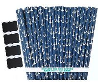 Outside the Box Papers Anchor Nautical Themed Paper Straws 7.75 Inches 75 Pack Navy Blue, White