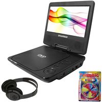 Sylvania Portable DVD Player 7" Swivel Screen Black (SDVD7027) + Bluetooth Bundle with Wireless Headphones