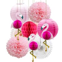 Tropical Pink Flamingo Party Honeycomb Decoration, Pom Poms Paper Flowers Tissue Paper Fan Paper Lanterns for Hawaiian Summer Beach Luau Party