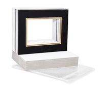 Pack of 32 8x10 Black/Metallic Gold Double Mats Mattes with White Core Bevel Cut for 5x7 Photo + Backing + Bags