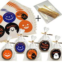 Halloween Cello Treat Bags for Cookie Biscuits Candy Cake Baking Packaging, Pack of 50 Bags and 60 Stickers (9x13cm)