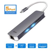 USB C Hub Adapter, Aluminum 5-in-1 Multiport Type-C Combo Hub with1000M Ethernet Port, 2 USB 3.0 Ports, SD & Micro SD Card Slots for MacBook Pro 2017, ChromeBook, XPS and More USB Type C Devices