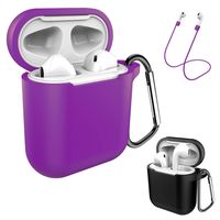 AirPods Case Keychain, Coffea 2 Pack Protective Silicone Case Cover and Skin with Anti-Lost Strap for AirPods 1 & 2 Charging Case (Black+Purple)