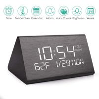 Wooden Digital Alarm Clock, Adjustable Brightness Voice Control Desk Wooden Alarm Clock, Large Display Time Temperature USB/Battery Powered for Office & Home
