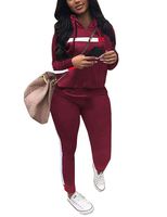 Jogging Suits for Women Casual Striped Patchwork Long Sleeve Hoodie and Pants Tracksuit Set Burgundy XL