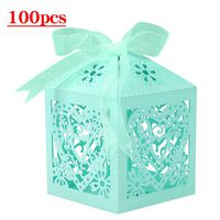 Lucky Monet 25/50/100PCS Love Heart Laser Cut Wedding Candy Gift Box Chocolate Box for Wedding Favor Birthday Party Bridal Shower with Ribbon (100pcs, Tiffany Blue)